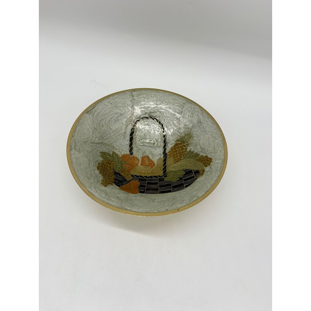Vintage Indian Brass Pedestal Bowl Enamel Fruit Basket Decor 8 Inch‎ India